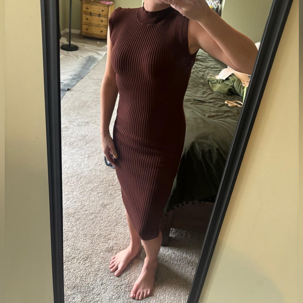 Pink Rose Ribbed Brown Midi Dress
